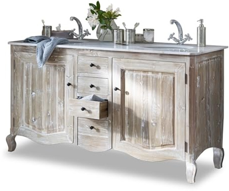 Loberon Waschtisch Herrick, Zwei Waschbecken, Handgefertigte Unterbau, mit White-Washed-Finish, Doppelwaschtisch, Badmöbel, Tannenholz, Marmor, Keramik, antikweiß