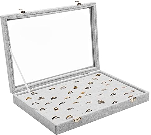 BELLE VOUS Graue Ring Box Aufbewahrungsbox für Schmuck Samt Box Display mit 100 Fächern & Deckel - Vitrine Organizer mit Transparentem Glasdeckel für Ringe, Manschettenknöpfe & Ohrringe Aufbewahrung