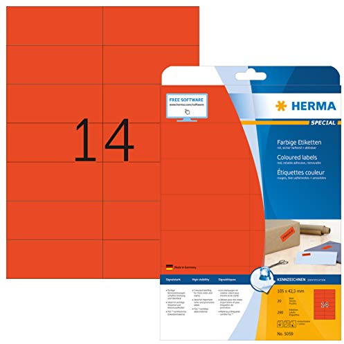 HERMA Etikett, Inkjet/Laser/Kopierer, selbstklebend, 105 x 42,3 mm, rot (280 Stück), Sie erhalten 1 Packung á 280 Stück