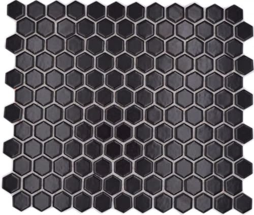 Hexagonale Sechseck Mosaik Fliese Keramik mini schwarz matt Duschrückwand Fliesenspiegel Wandfliese Badfliese - MOS11A-0311