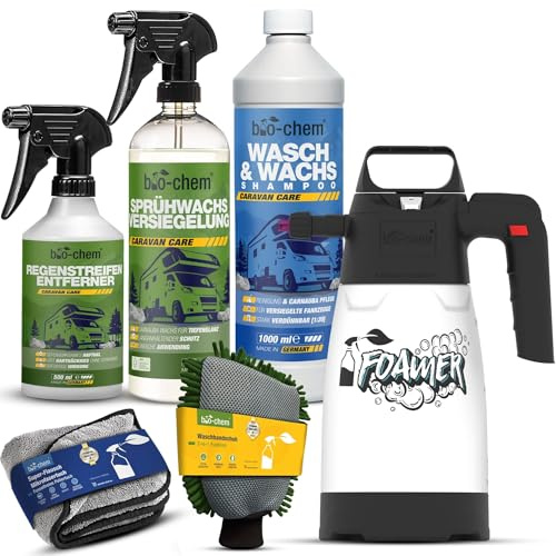 Bio-Chem - Profi Set de limpieza y encerado de caravanas - Champú de lavado y cuidado, cera selladora de carrocerías, eliminador de rayas de lluvia - Accesorios incluidos