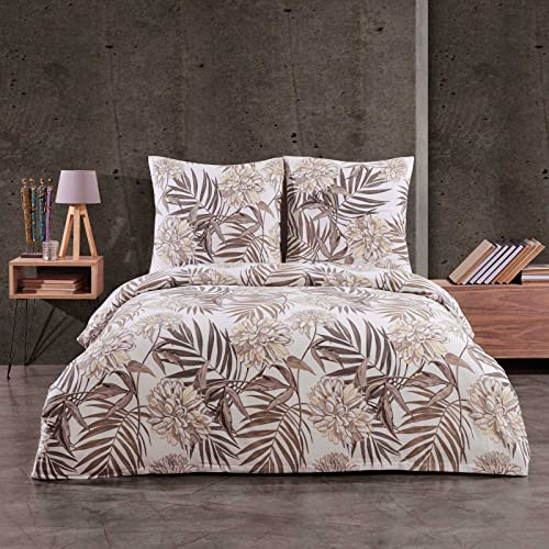 Style Heim Biber Bettwäsche 200x220 cm Flauschige Winterbettwäsche 3 Teilig 100% Baumwolle mit Reißverschluss Bettwäsche-Set Kissenbezüge 80x80cm, Botanisch Geblümt Blumen-Muster Blätter, Beige Braun