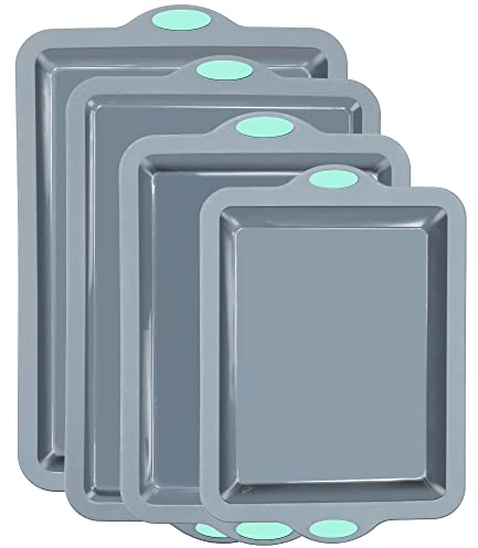 To encounter Set di 4 padelle in silicone, antiaderenti, con teglie da forno, teglie per biscotti, teglia da forno con telaio rinforzato in metallo, colore grigio chiaro con impugnature verdi