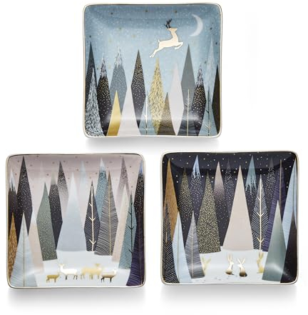 Sara Miller Portmeirion SMFP79247-XG Lot de 3 assiettes carrées en porcelaine Motif pin givré 11,8 cm