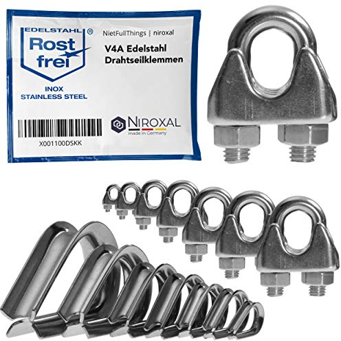 4 abrazaderas de cable de acero inoxidable para cable de alambre, aptas para alambre de 6 mm de diámetro, en juego con guardacabos a juego, de acero inoxidable V4A para cable de acero/alambre de acero