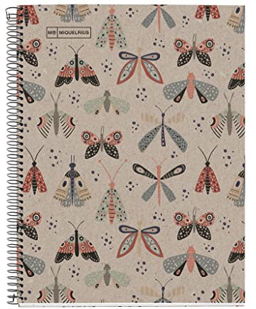 Miquelrius - Notizbuch, 100% recycelt, 1 farbiger Streifen, A4, 80 Blatt, kariert, 5 mm, Papier 80 g, 4 Bohrungen, Einband aus recyceltem Karton, Design Ecobutterfly