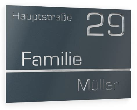 Graviers Design Hausnummer aus V2A Edelstahl 250x175mm - Anthrazit RAL 7016 - Wetterfest Rostfrei Individuell anpassbar Straße Nummer Familienname - Made in Germany