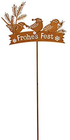 itsisa Gartenstecker Vogel im Winter mit Schriftzug Frohes Fest - Rostfigur für den Garten, Dekofigur, Weihnachten