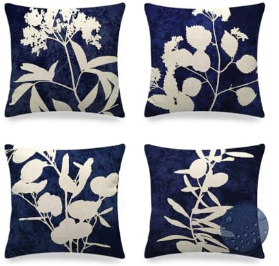 SCVBLJS Blue cushion Floral Throw pillowcase 45 x 45cm Set of 4 Water Resistant Scatter Waterproof Garden flower leaf Cushion Flower for Bench Sofa Furniture outdoor travel Home Decor Square Covers