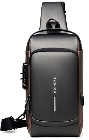FANDARE 2025 Neue Brusttasche Sling Bag Geschäft Schultertasche mit USB Passwortschutz Crossbody Bag Umhängetasche Wasserdicht für Reisen Wandern mehrere Taschen Sling Daypacks Grau Braun