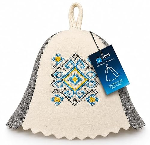 SHSH trade group Saunahut Wolle bestickt ukrainisches Ornament Vyshyvanka - Banya Hut für Herren Saunamütze für Damen Wolle Saunahut für Damen, Blau, Weiß/Grau, XL