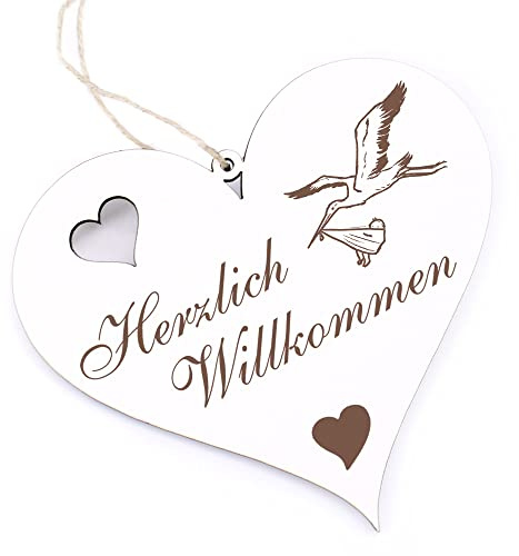 Herzlich Willkommen Schild - Storch mit Baby - Deko Herz Holz Willkommensschild Türschild Dekoschild Türdeko
