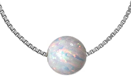 Edellis Hochwertiger runder Weißer Opal 8 mm mit weiß rhodinierter 925 Sterling Silber Venezianer Box Kette | Weiße Opal Schmuck Länge 42-48 cm