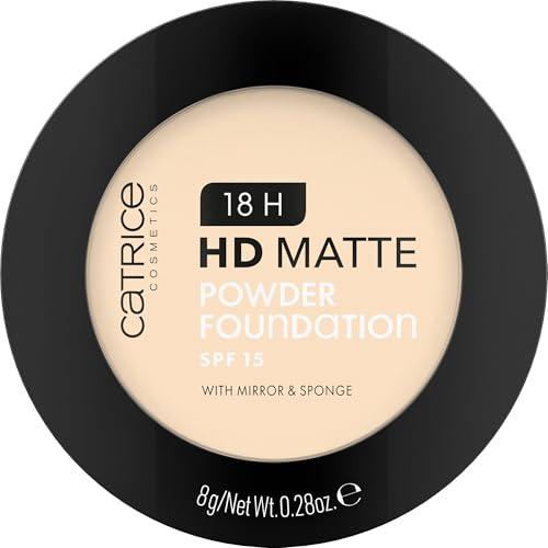 Catrice 18H HD Matte Powder Foundation, Nr. 001C, Nude, langanhaltend, mattierend, matt, für unreine Haut, vegan, ölfrei, UVA- und UVB-Filter + SPF 15, ohne Parfüm, 1er Pack (8g)