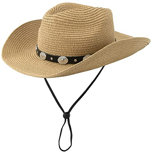 JowTreex Cowboyhut aus Stroh für Damen und Herren, Western-Sonnenhut, breite Krempe, Sommergürtel, Cowgirl-Hüte, Khaki-Stil 1, M