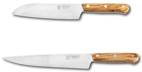 DUE BUOI SET OLIMPO: SANTOKU CM 18 E TRINCIANTE CM 24 - ACCIAIO BÖHLER N690-58 HRC - MANICO ULIVO