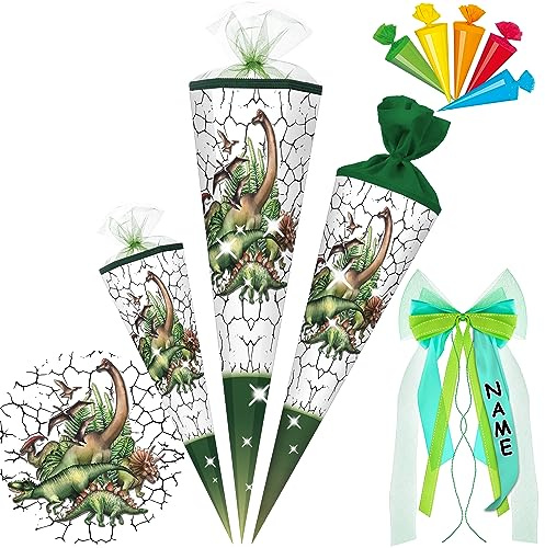 alles-meine.de GmbH Schultüte - mit 3D Glitzer - Effekt ! Dinosaurier/Dino 35-100 cm Größe wählbar inkl. Name + Bänder Schleife + 5 kleine Zuckertüten - Zuckertüte - ..