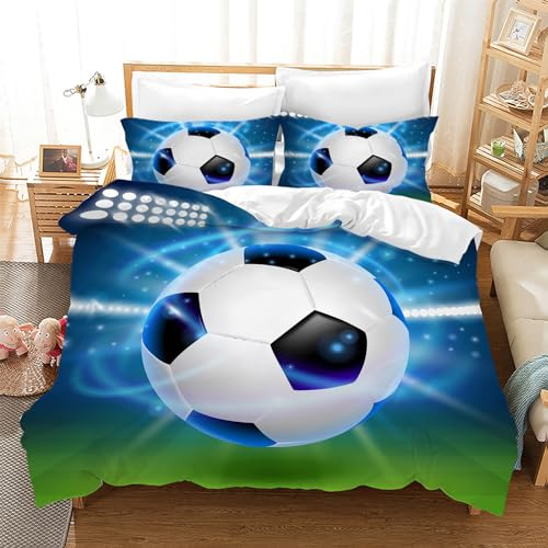 Leleyouzer Copripiumino Calcio 3D 220×240 cm,Set di Biancheria da Letto con Stampa Calcio,Copripiumino per Bambini in Microfibra con Cerniera e 2 Federe 50 x 75 cm(F03)