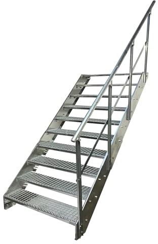 Kaminbau Mierzwa Premium Stahl Treppe mit Geländer rechts komplett Verzinkt / 10 Stufen (Breite 800 mm) (Höhe 190 cm) Wetterfest Gitterroststufe Gartentreppe