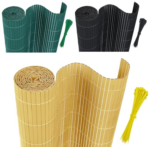 AufuN Sichtschutzmatte PVC Sichtschutzzaun 90x500cm Bambus | Mit Kabelbindern Standard Sichtschutz Bambus Windschutz für Garten Balkon und Terrasse-Interne W-Struktur Verstärkte Lamellen