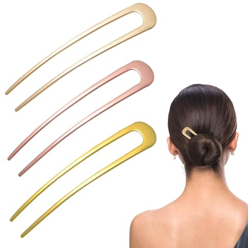 Uirheurd 3 Stück French Pin Haarnadeln Groß Haarnadel U-Förmige Haarnadel French 2 Zinken Haarknoten Stifte für Damen Haarspangen Mädchen Frisur Zubehör Haarnadel Frisurenhilfe Gold Silber Roségold