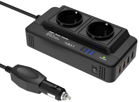 200W Auto Spannungswandler Wechselrichter DC 12V to AC 230V mit 2 Steckdosen und 4 USB Ports Schnelles Aufladen KFZ Ladegerät mit Zigarettenanzünderstecker für Geschaeftsfahrten und Urlaub