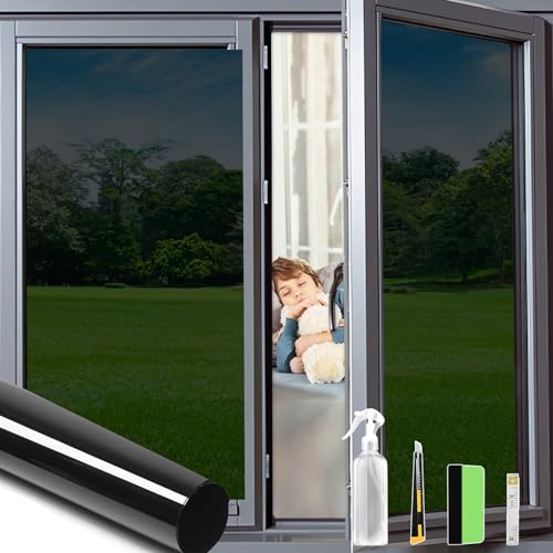 OFHome One Way Window Film Privacy with Installation kits, Reflective Mirror Tint for Home and Office, Anti UV Sun Blocking Blackout Daytime Self Adhesive Glass Tinting, Black, 30x200cm