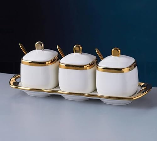 Luminexia Condiment Jar,Kitchen Seasoning Box,Ceramic Spice Jars With Lid,Sugar Bowls,Condiment Pots,Storage Jars,Canisters Seasoning Box Set,with Lid Spoon And Tray,for Kitchen Storage-Sets Of 3