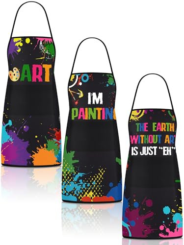 Langyiwee 3 Pcs Painting Artist Apron with 2 Pockets Colorful Waterproof Painting Smock Adjustable Painters Art Aprons Art Lover Gift for Adults Teacher Student Chef Cooking Baking Gardening