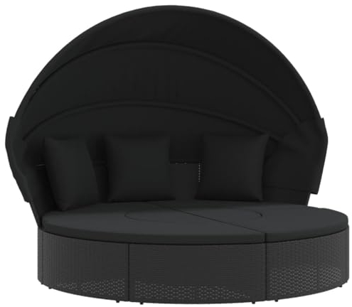 vidaXL Outdoor Loungebett mit Dach Kissen, Sonnenliege mit Fußhocker, Loungeliege für Garten Terrasse, Gartenliege Sonnenbett, Schwarz Poly Rattan