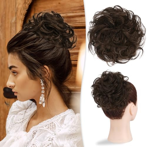 RUWISS Haarteile Echthaar Dutt Große, Messy Bun Echthaar Haarteil Scrunchie Locken Dutt Extension mit Gummiband für Damen 32g Braun