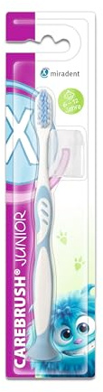 miradent Carebrush® Junior | Blau | Kinderzahnbürste | 6-12 Jahre | Zur Reinigung der Milch- und bleibenden Zähne | Ergonomisch geformt | Integrierter Saugfuß | Mit praktischer Hygiene-Schutzkappe