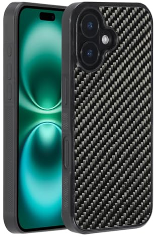 Molzar Grip Series for iPhone 16 Case with Real Weave Carbon Fiber, Built-in Metal Plate for Magnetic Mount, Works with Qi-certified Chargers, Glossy Black/Weave