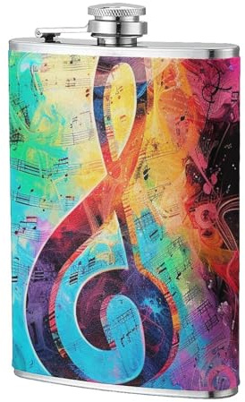 Flasque personnalisée imprimée notes de musique colorées en acier inoxydable 304 236,8 g – Étui en cuir synthétique de qualité supérieure, flasque plate pour liqueur de sports de plein air
