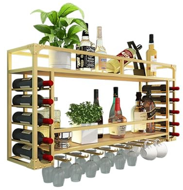 Botellero Vino Pared con Luz Vinoteca Mueble Bar Salon Garrafeira de Vino Mini Bar Wine Rack Mueble Comedor Cocina con Soporte Copas Colgante para Barra para Bar Sala de Estar y Cocina(Gold,120*25*55)