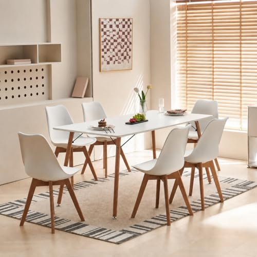 H.J WeDoo Esszimmergruppe Esstisch mit 6 Stühlen Essgrupp, Rechteckig Küchentisch und 6er Set Esszimmerstühle Sitzgruppe für Wohnzimmer Küche Büro(160x80cm Tisch+6 Weiß Stühle)