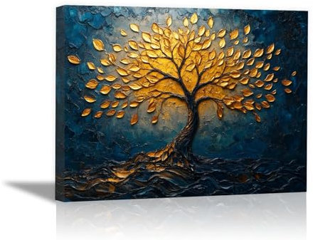 XENIOU quadro albero della vita Albero delle foglie d'oro quadro albero della vita, decorazione da parete, per soggiorno, camera da letto, appartamento. blu, io-60x90cm Incorniciato