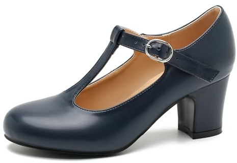 Women's T Strap Mary Jane Chunky Heel Low Block Pumps Round Toe Dress Office Work Shoes, Navy Matte, 12