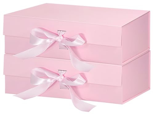 2 Stück Rosa Geschenkboxen mit Deckel, 26,7 x 19 x 7,8 cm, magnetische Geschenkbox mit Bändern, Geschenkboxen für Halloween, Weihnachten, Geburtstagsgeschenk, Hochzeit