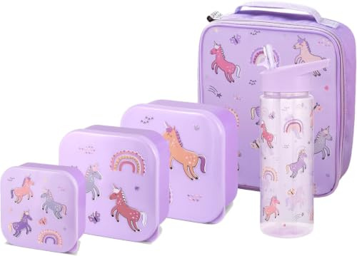 Girls Lunch Bag Set, Unicorn Straw Sipper, 3 Pack Nested Boxes, Tiny to Tots Unisex Multicompartment Storage School Lunch Food Set, 500ml Water Bottle (Unicorn Nested Boxes + Lunch Bag + Straw Sipper)