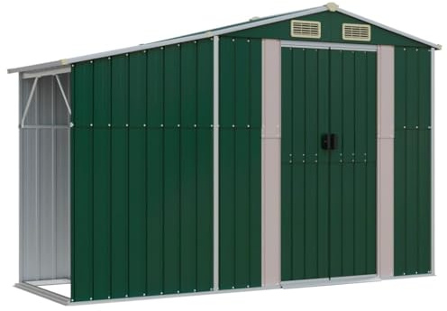 KOIECETA Gerätehaus Gartenhaus mit Schrägdach Griffe Gartenschuppen Schuppen mit Stauraum Geräteschuppen Metallschuppen Grün 277x93x179 cm Verzinkter Stahl