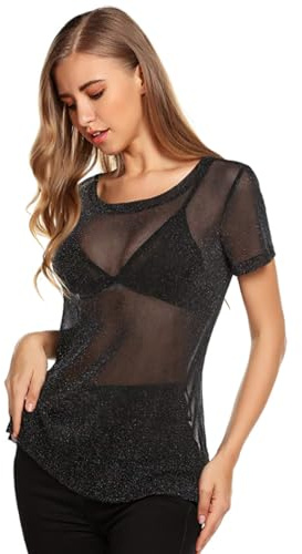 Camiseta Transparente Mujer, Negro Malla Manga Corta Camiseta, Blusa Sexy Mangas Corta Mesh Tops, Parte Superior Transparente con Purpurina, Glitter Top Transparente para Verano, Clubwear Fiesta