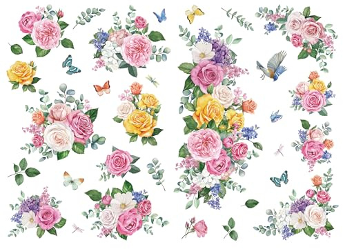Joeyan 2 Stück Rub On Sticker Blumen, Groß Möbelaufkleber 42x30cm, Folie Transferaufkleber zum Basteln & Dekorieren DIY Handwerk auf Holz Glas Metall Leinwand Porzellan Papier Kunststoff (Rosengarten)