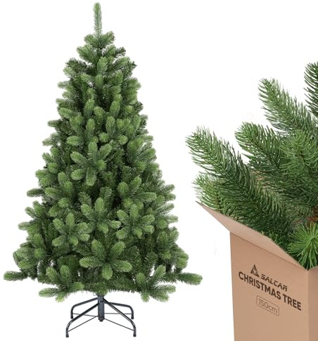 SALCAR 150cm Künstlicher Weihnachtsbaum mit realistischen PE-Rundspitzen und unsichtbaren PVC-Zweigen, naturgetreu in zartem Grün, Stabiler Metallständer, ideal für Innenbereich