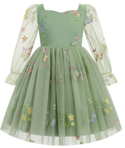 Odizli Festliches Kleid Mädchen Kinder Mesh Langarm Glitzer Schmetterling Prinzessin A-Linie Tüllkleid Blumenmädchenkleider Hochzeit Geburtstag Knielang Abendkleid Ballkleid Grün 7-8 Jahre