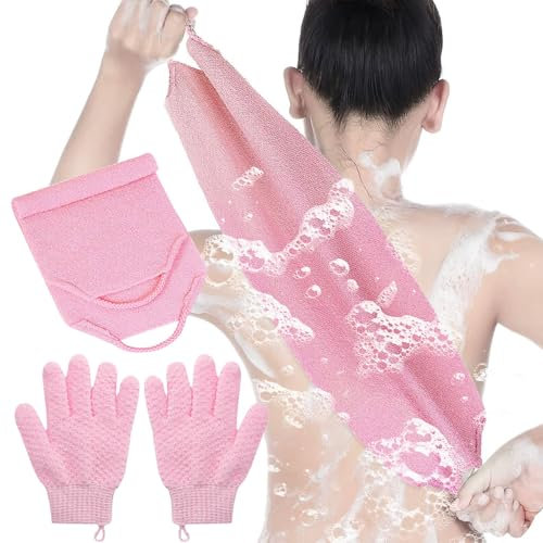 2Pcs Exfoliating Glove and Shower Back Scrubber Set,Korean Exfoliating Mitt for Body, Face, Shower, Bath, Deep Cleansing and Removing Dead Skin