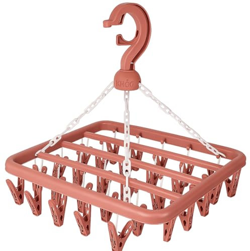 KHÖG Clothes Drying Hanger with 32 Clips – Foldable Laundry Sock Rack with Windproof Hook, Hanging Dryer for Socks, Underwear, Baby Clothes, Towels, Hats(Color May Vary)