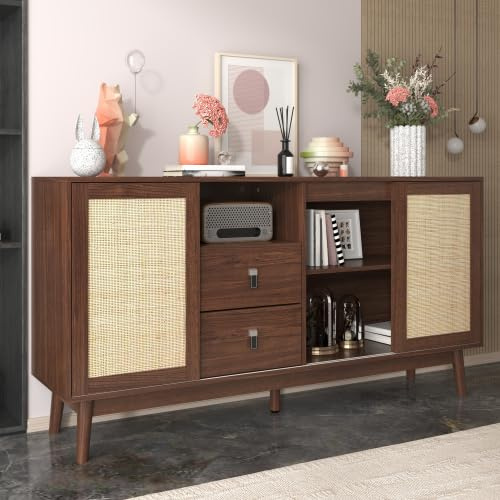 Temdlerpp Buffet Salon avec 3 Portes Coulissantes en Rotin Véritable et 2 Tiroirs, Meuble de Rangement, Noyer,155x38x80cm