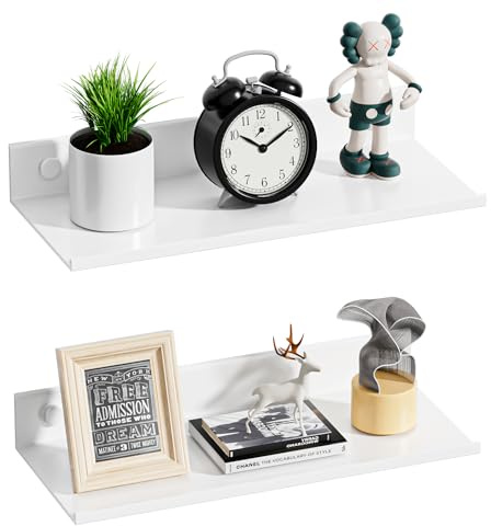 Wisfame Estanterias de Pared sin Taladrar Juego de 2, Blanca Baldas Flotantes Pared de Salón Decoración, Estantes Flotante de Metal para Dormitorio, Baño, Oficina, Cocina