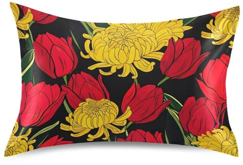 Satin Pillowcase Standard Queen King Red Tulips Yellow Chrysanthemums Black Floral Print Decorative Bedding Cover, L40x20in